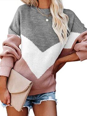 🆕 Womens Sweaters Crewneck Pullover Sweaters V Shaped Color Block Sweater Long
